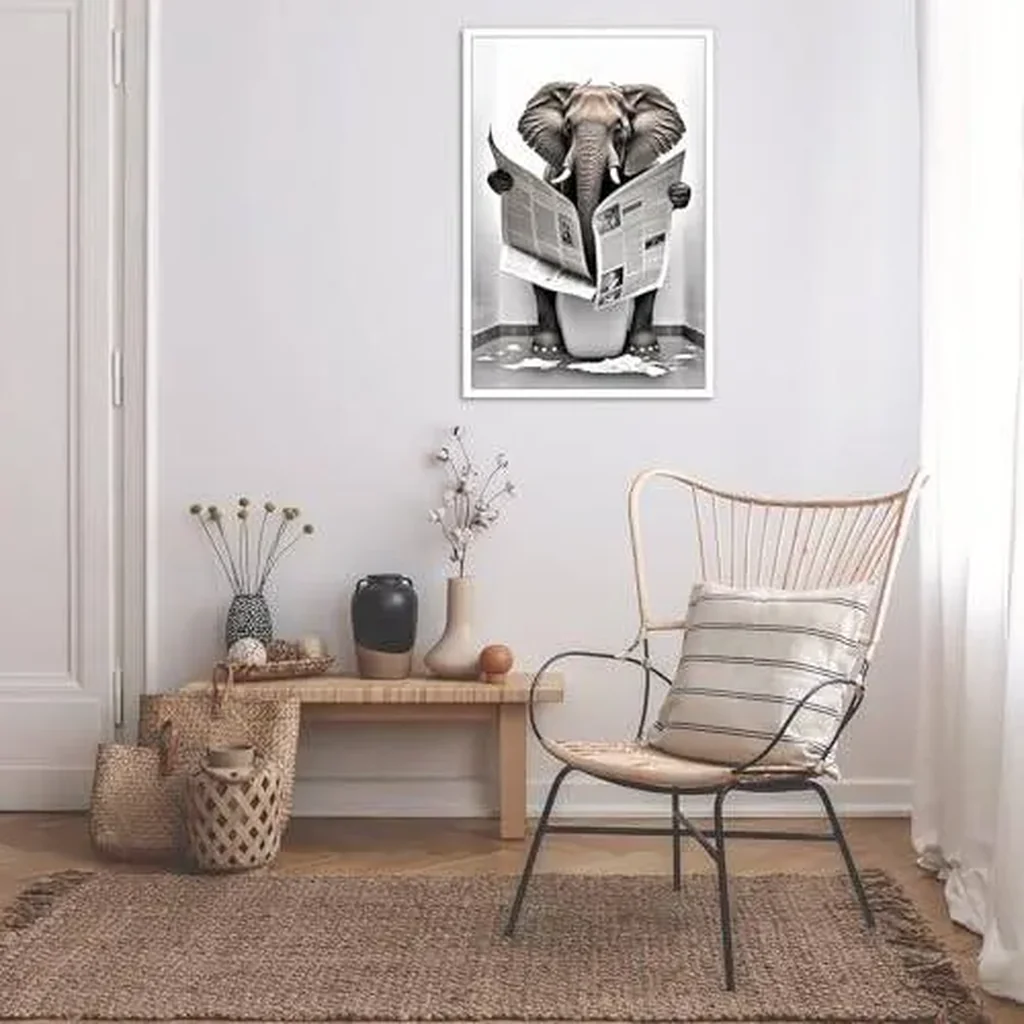 ALAYRA Funny Elephant Bathroom Canvas Wall Art Cute Elephant In Toilet Posters Black and White Animal Prints Painting Maximalist Mid Century Modern Aesthetic Wall Decor for 16x24in Unframed 01 - Image 5