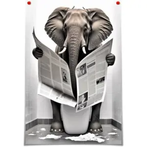 ALAYRA Funny Elephant Bathroom Canvas Wall Art Elephant Reading Newspapers on Toilet Pictures Poster Prints Black and White Maximalist Mid Century Modern Aesthetic wall decor 12x16in Unframed 01