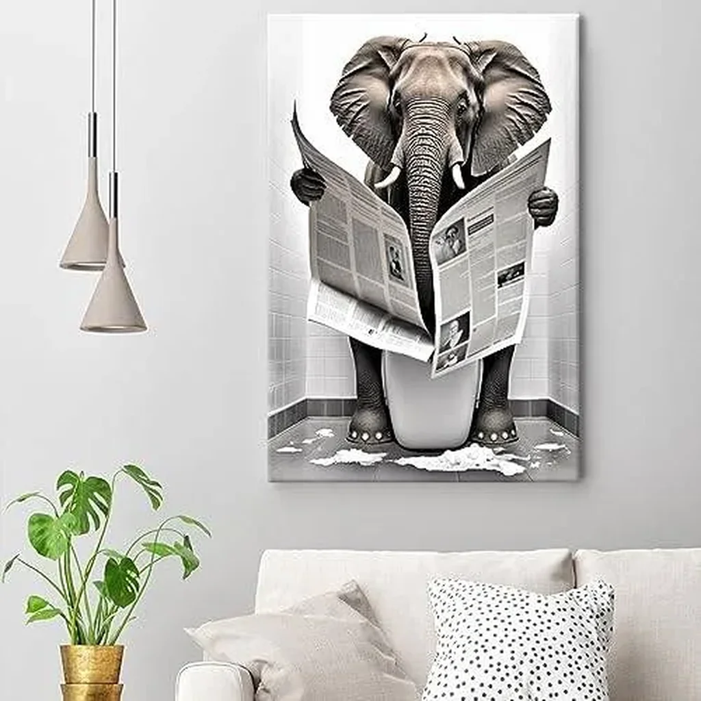 ALAYRA Funny Elephant Bathroom Canvas Wall Art Elephant Reading Newspapers on Toilet Pictures Poster Prints Black and White Maximalist Mid Century Modern Aesthetic wall decor 12x16in Unframed 01 - Image 2
