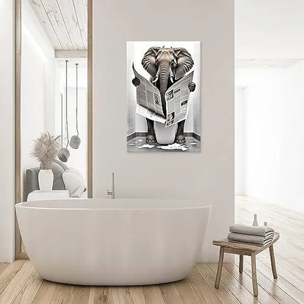 ALAYRA Funny Elephant Bathroom Canvas Wall Art Elephant Reading Newspapers on Toilet Pictures Poster Prints Black and White Maximalist Mid Century Modern Aesthetic wall decor 12x16in Unframed 01 - Image 3