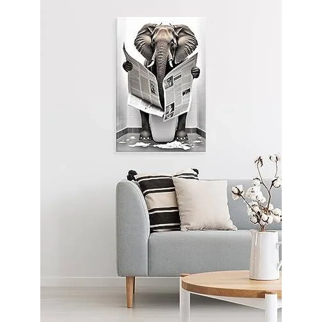 ALAYRA Funny Elephant Bathroom Canvas Wall Art Elephant Reading Newspapers on Toilet Pictures Poster Prints Black and White Maximalist Mid Century Modern Aesthetic wall decor 12x16in Unframed 01 - Image 4