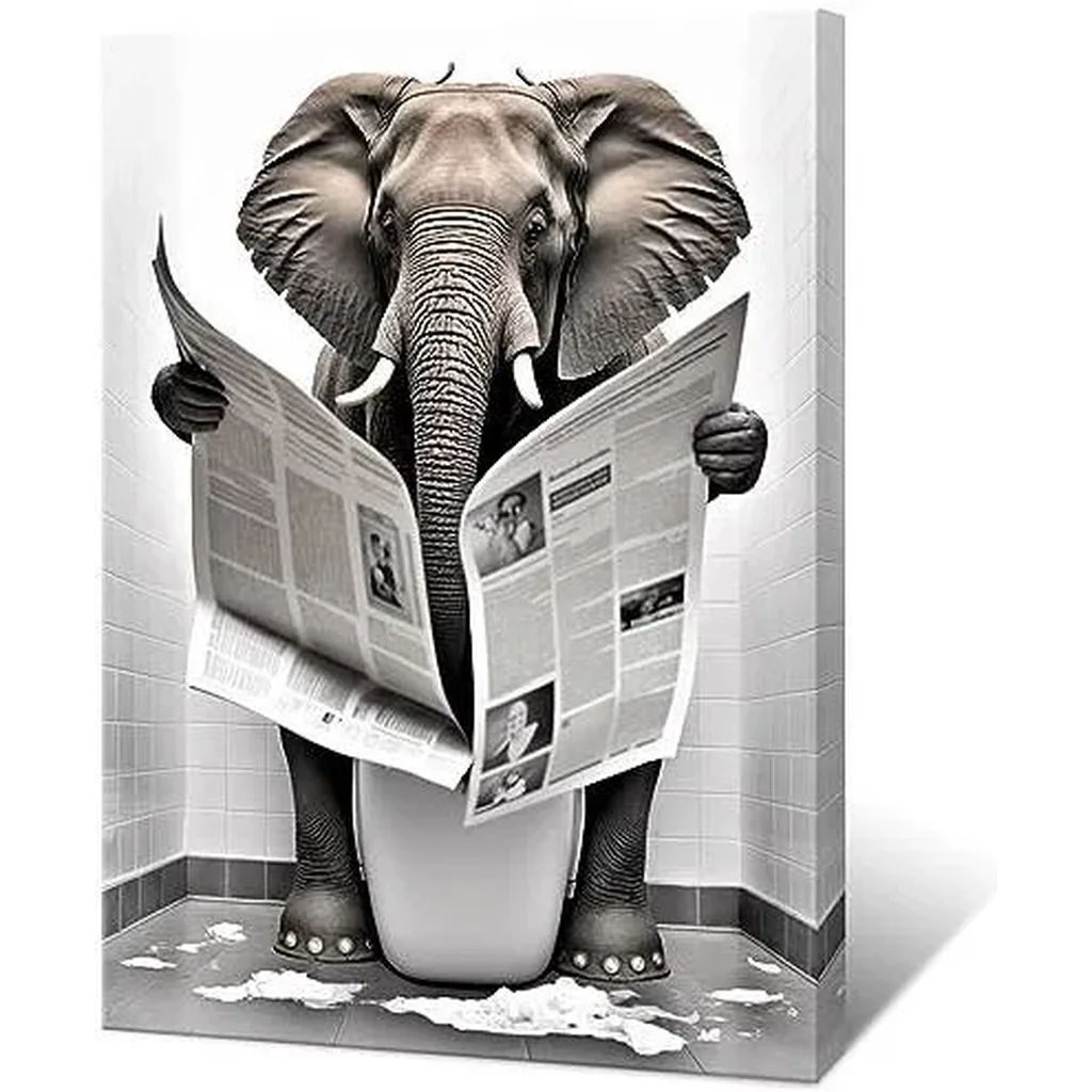 ALAYRA Funny Elephant Bathroom Canvas Wall Art Elephant Reading Newspapers on Toilet Pictures Poster Prints Black and White Maximalist Mid Century Modern Aesthetic wall decor 12x16in Unframed 01 - Image 5