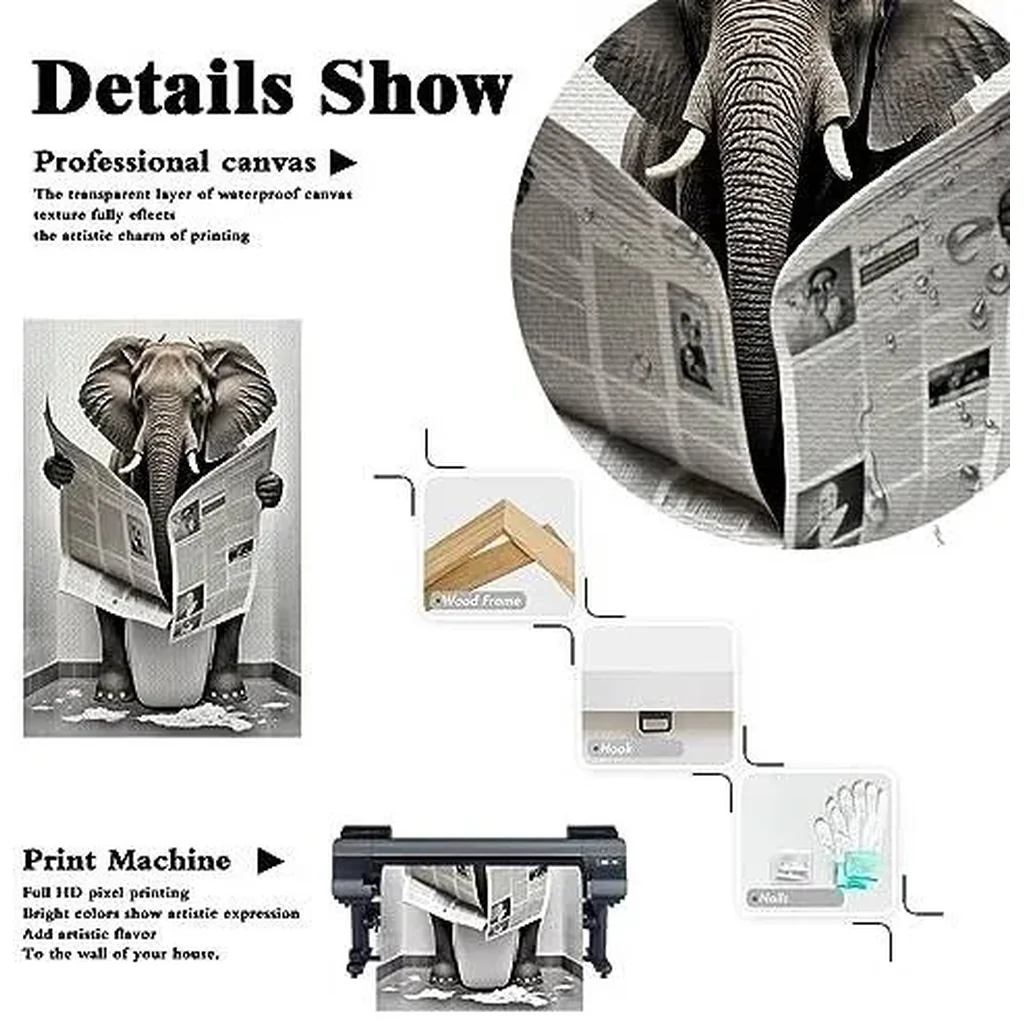 ALAYRA Funny Elephant Bathroom Canvas Wall Art Elephant Reading Newspapers on Toilet Pictures Poster Prints Black and White Maximalist Mid Century Modern Aesthetic wall decor 12x16in Unframed 01 - Image 6