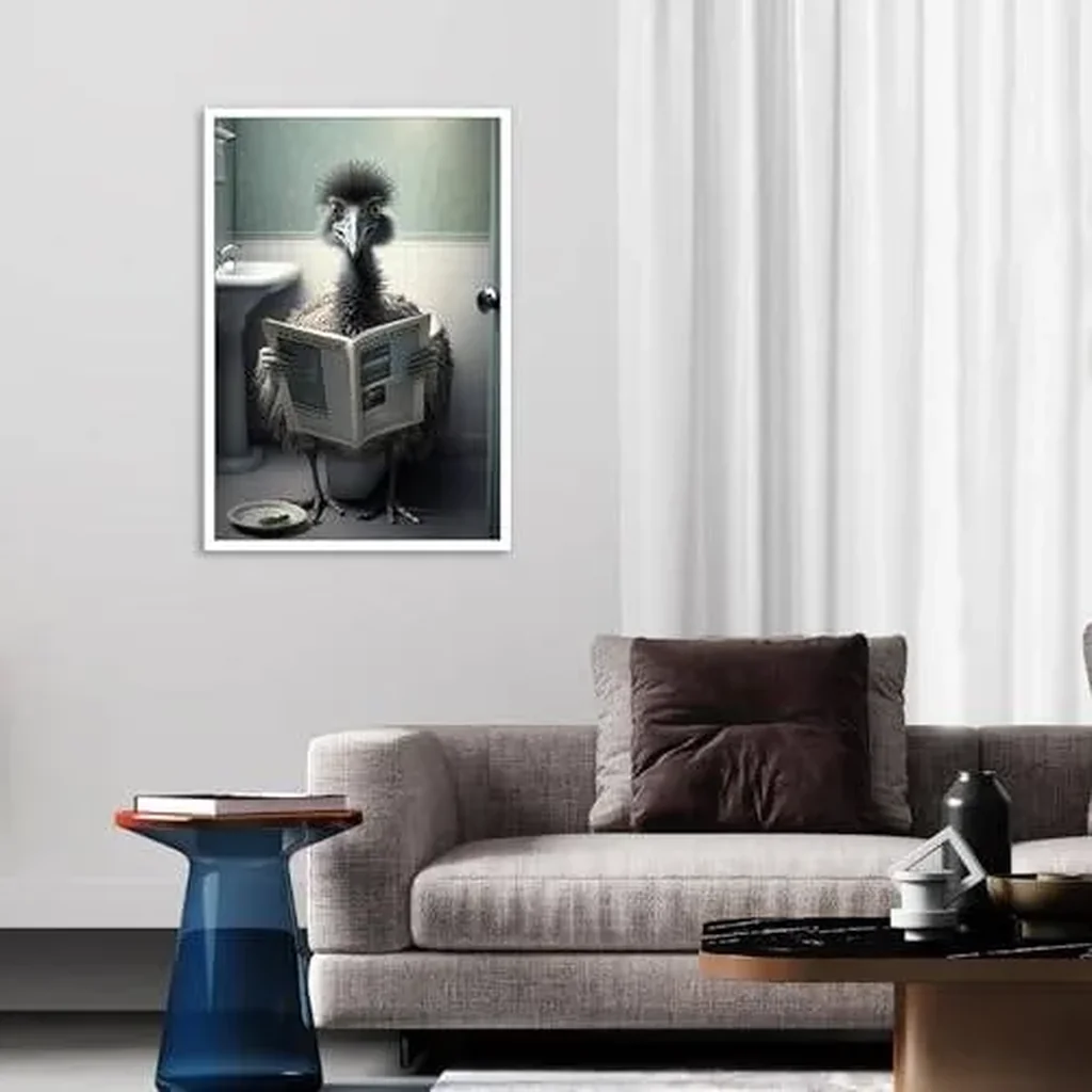 ALAYRA Funny Emu on Bathroom Canvas Wall Art Cute Emu on In Toilet Posters Black and White Animal Prints Painting Maximalist Mid Century Modern Aesthetic Wall Decor for 12x16in Unframed 01 - Image 2