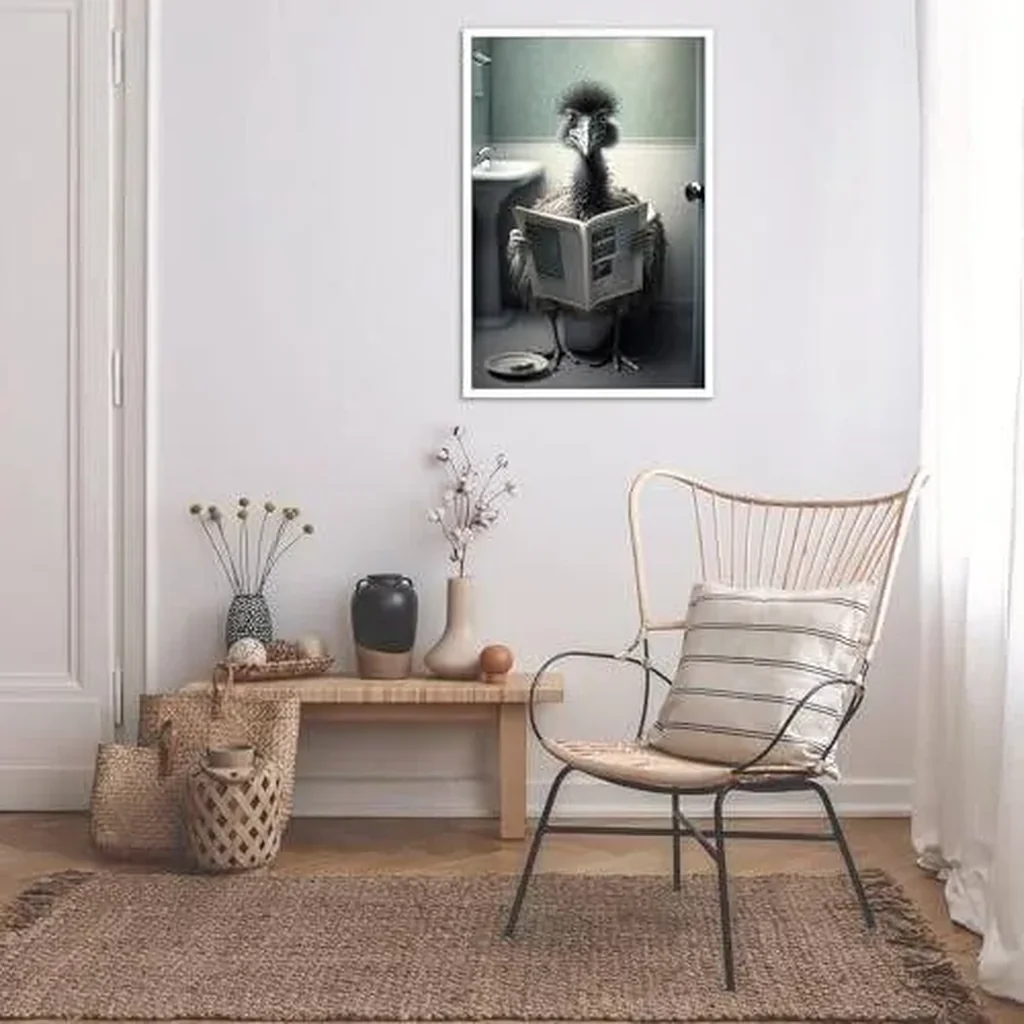 ALAYRA Funny Emu on Bathroom Canvas Wall Art Cute Emu on In Toilet Posters Black and White Animal Prints Painting Maximalist Mid Century Modern Aesthetic Wall Decor for 12x16in Unframed 01 - Image 5