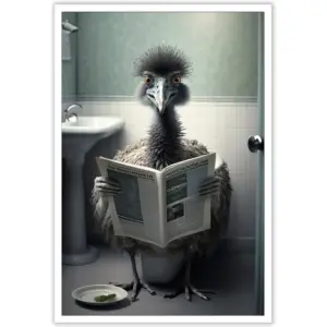 ALAYRA Funny Emu on Bathroom Canvas Wall Art Cute Emu on In Toilet Posters Black and White Animal Prints Painting Maximalist Mid Century Modern Aesthetic Wall Decor for 16x24in Unframed 01