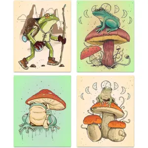 ALAYRA Funny Frog Posters Vintage Frog Mushroom Wall Art Prints, Retro Cute Frog Mushroom Creativity Nature Illustration Canvas Art Prints for Bathroom Bedroom Living Room Decor, Set of 4-(8x10, Unfra