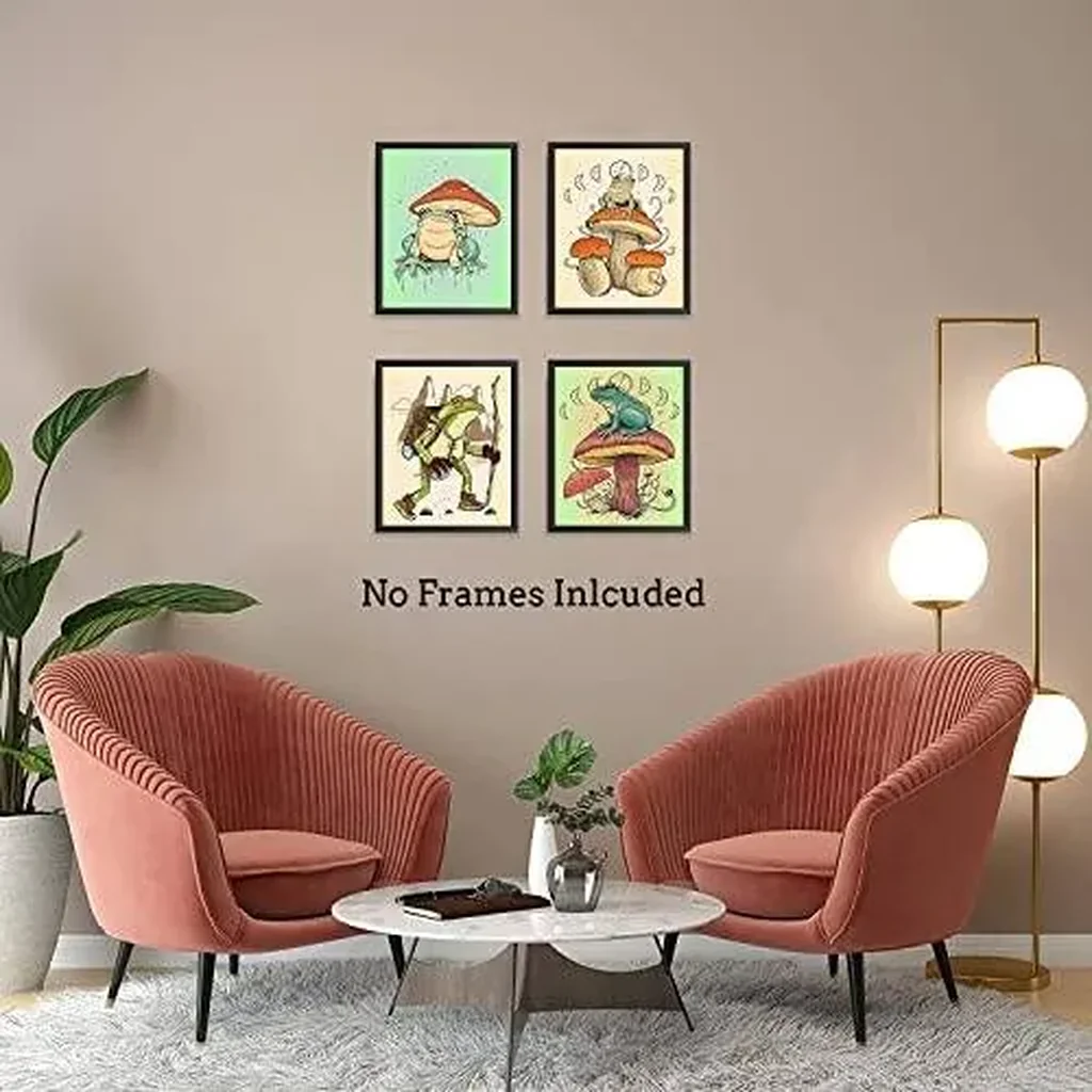ALAYRA Funny Frog Posters Vintage Frog Mushroom Wall Art Prints, Retro Cute Frog Mushroom Creativity Nature Illustration Canvas Art Prints for Bathroom Bedroom Living Room Decor, Set of 4-(8x10, Unfra - Image 2