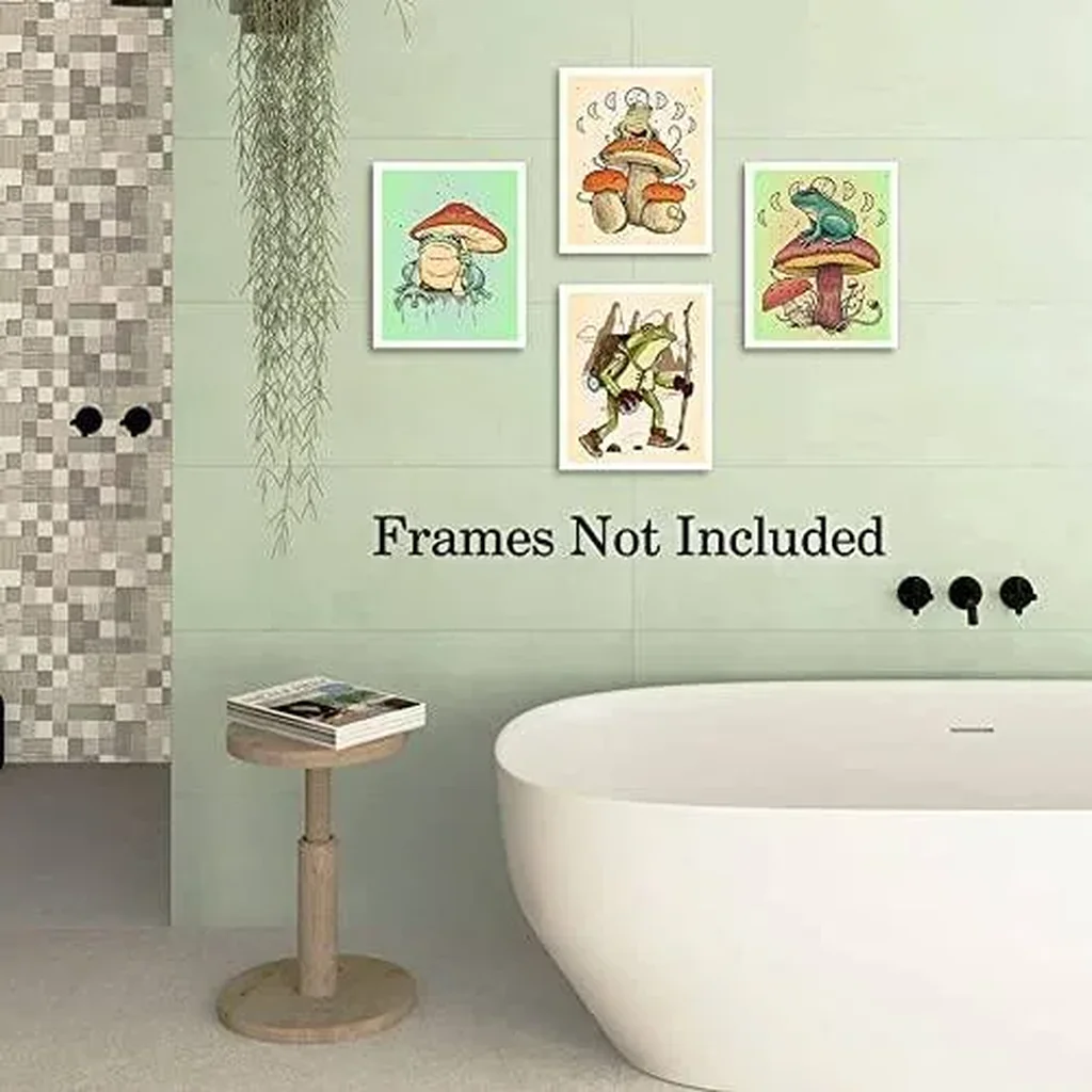 ALAYRA Funny Frog Posters Vintage Frog Mushroom Wall Art Prints, Retro Cute Frog Mushroom Creativity Nature Illustration Canvas Art Prints for Bathroom Bedroom Living Room Decor, Set of 4-(8x10, Unfra - Image 3