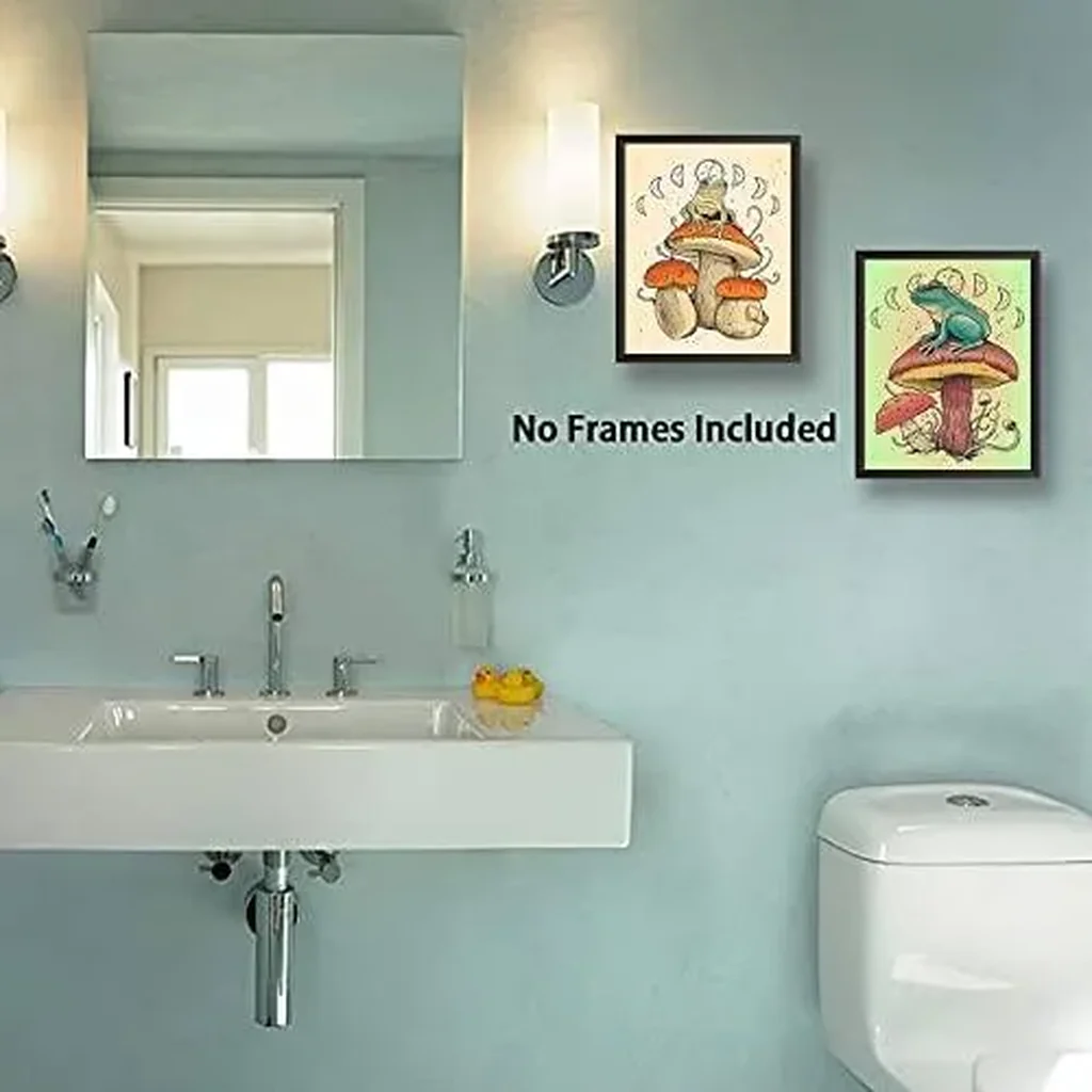 ALAYRA Funny Frog Posters Vintage Frog Mushroom Wall Art Prints, Retro Cute Frog Mushroom Creativity Nature Illustration Canvas Art Prints for Bathroom Bedroom Living Room Decor, Set of 4-(8x10, Unfra - Image 4