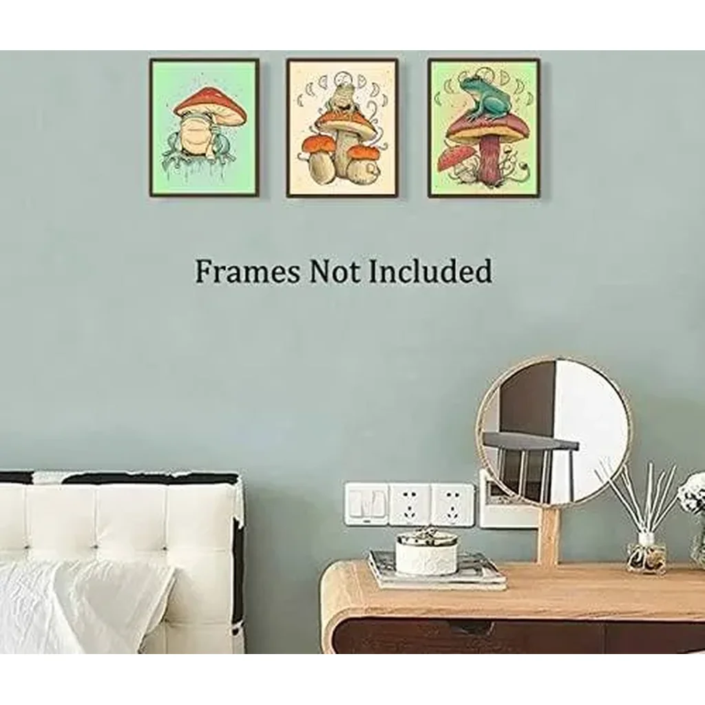 ALAYRA Funny Frog Posters Vintage Frog Mushroom Wall Art Prints, Retro Cute Frog Mushroom Creativity Nature Illustration Canvas Art Prints for Bathroom Bedroom Living Room Decor, Set of 4-(8x10, Unfra - Image 5
