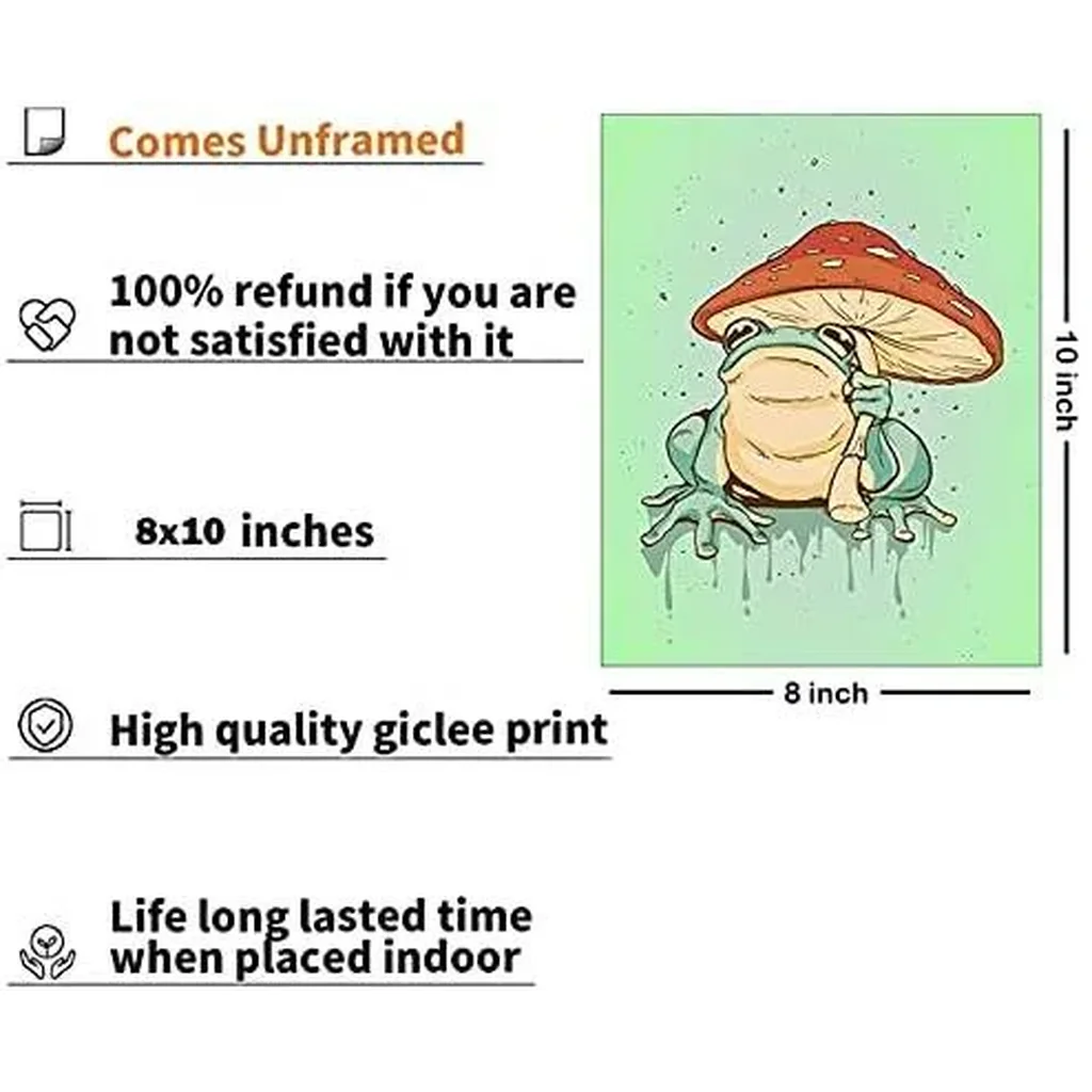 ALAYRA Funny Frog Posters Vintage Frog Mushroom Wall Art Prints, Retro Cute Frog Mushroom Creativity Nature Illustration Canvas Art Prints for Bathroom Bedroom Living Room Decor, Set of 4-(8x10, Unfra - Image 6