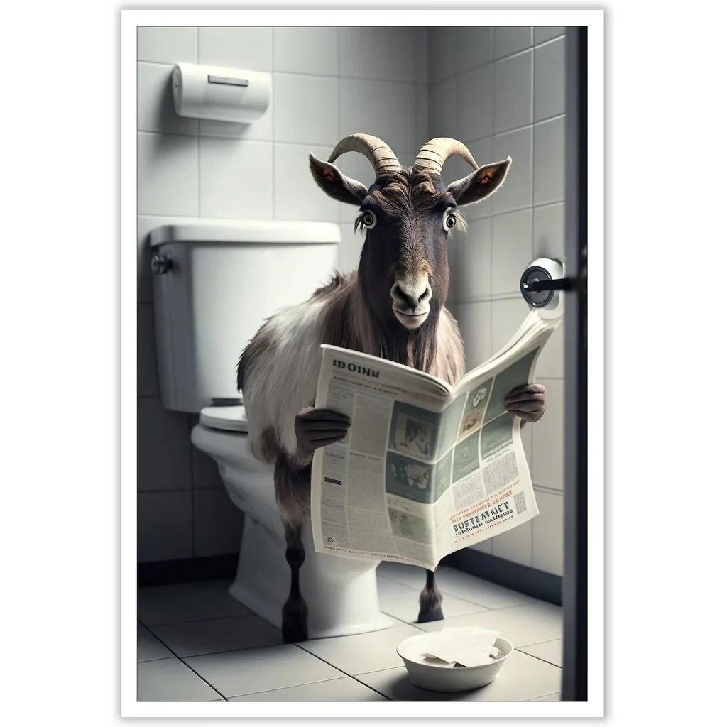 ALAYRA Funny Goat Bathroom Canvas Wall Art Cute Goat In Toilet Posters Black and White Animal Prints Painting Maximalist Mid Century Modern Aesthetic Wall Decor for 12x16in Unframed 01