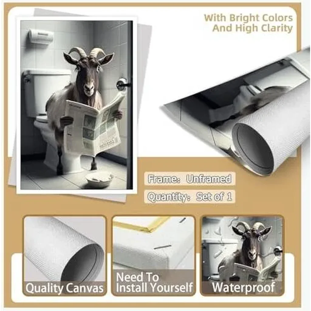 ALAYRA Funny Goat Bathroom Canvas Wall Art Cute Goat In Toilet Posters Black and White Animal Prints Painting Maximalist Mid Century Modern Aesthetic Wall Decor for 12x16in Unframed 01 - Image 6