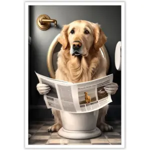 ALAYRA Funny Golden Retriever Bathroom Canvas Wall Art Cute dog In Toilet Posters Black and White Animal Prints Painting Maximalist Mid Century Modern Aesthetic Wall Decor for 12x16in Unframed 01