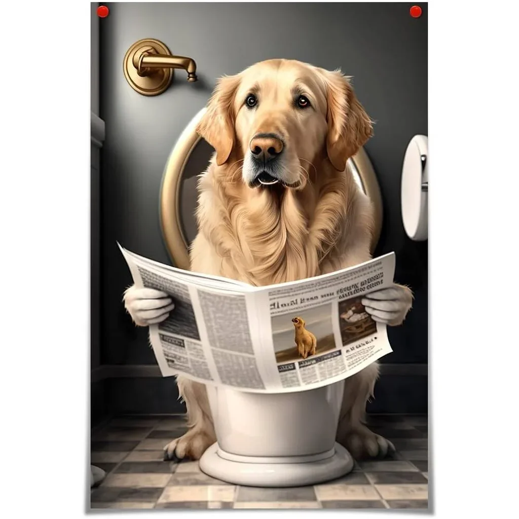 ALAYRA Funny Golden Retriever Bathroom Canvas Wall Art Golden Retriever Reading Newspapers on Toilet Poster Prints Maximalist Mid Century Modern Aesthetic wall decor 12x16in Unframed 01