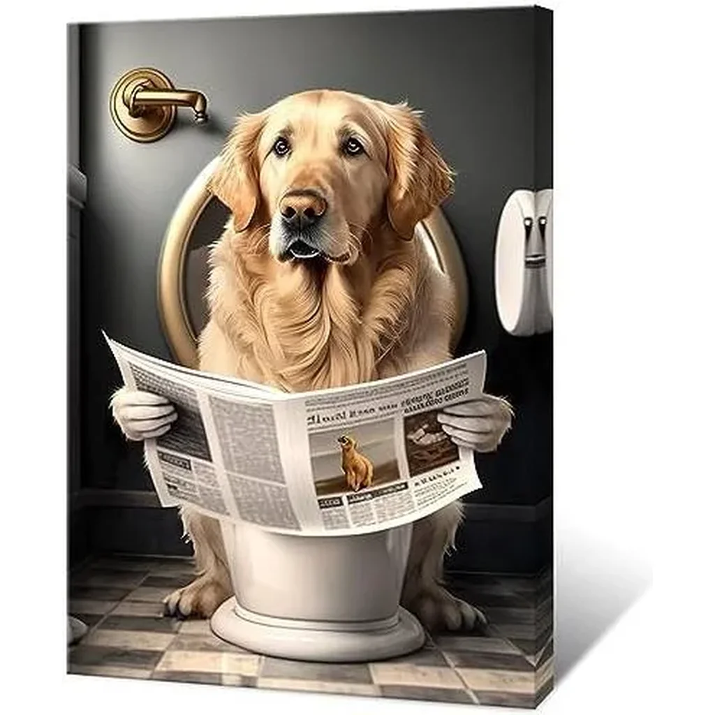 ALAYRA Funny Golden Retriever Bathroom Canvas Wall Art Golden Retriever Reading Newspapers on Toilet Poster Prints Maximalist Mid Century Modern Aesthetic wall decor 12x16in Unframed 01 - Image 5