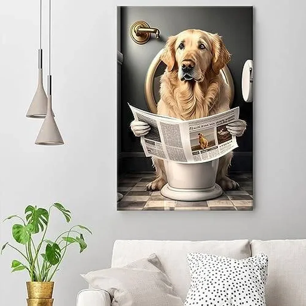 ALAYRA Funny Golden Retriever Bathroom Canvas Wall Art Golden Retriever Reading Newspapers on Toilet Poster Prints Maximalist Mid Century Modern Aesthetic wall decor 16x24in Unframed 01 - Image 2
