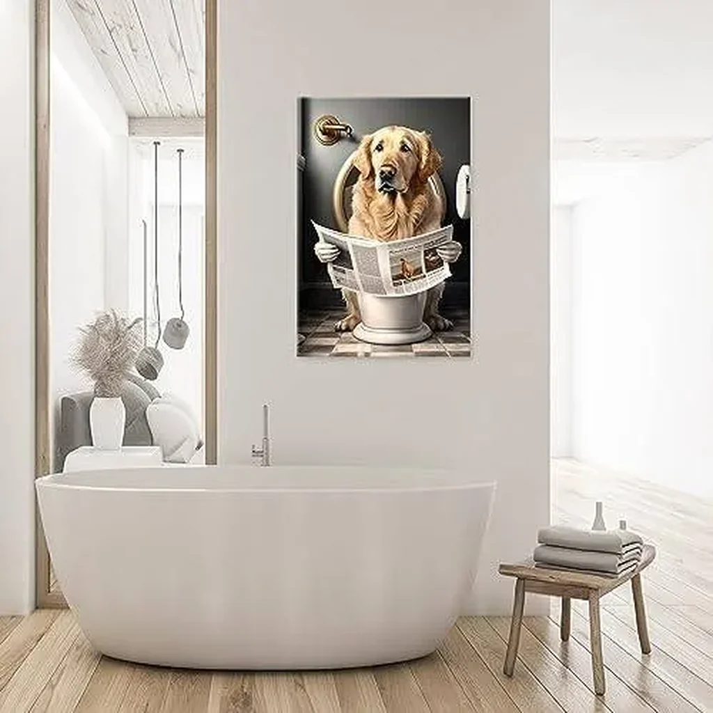 ALAYRA Funny Golden Retriever Bathroom Canvas Wall Art Golden Retriever Reading Newspapers on Toilet Poster Prints Maximalist Mid Century Modern Aesthetic wall decor 16x24in Unframed 01 - Image 3
