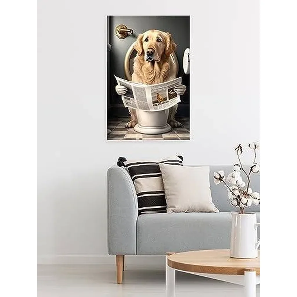ALAYRA Funny Golden Retriever Bathroom Canvas Wall Art Golden Retriever Reading Newspapers on Toilet Poster Prints Maximalist Mid Century Modern Aesthetic wall decor 16x24in Unframed 01 - Image 4