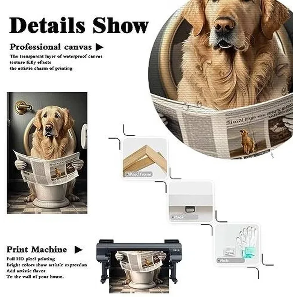 ALAYRA Funny Golden Retriever Bathroom Canvas Wall Art Golden Retriever Reading Newspapers on Toilet Poster Prints Maximalist Mid Century Modern Aesthetic wall decor 16x24in Unframed 01 - Image 6