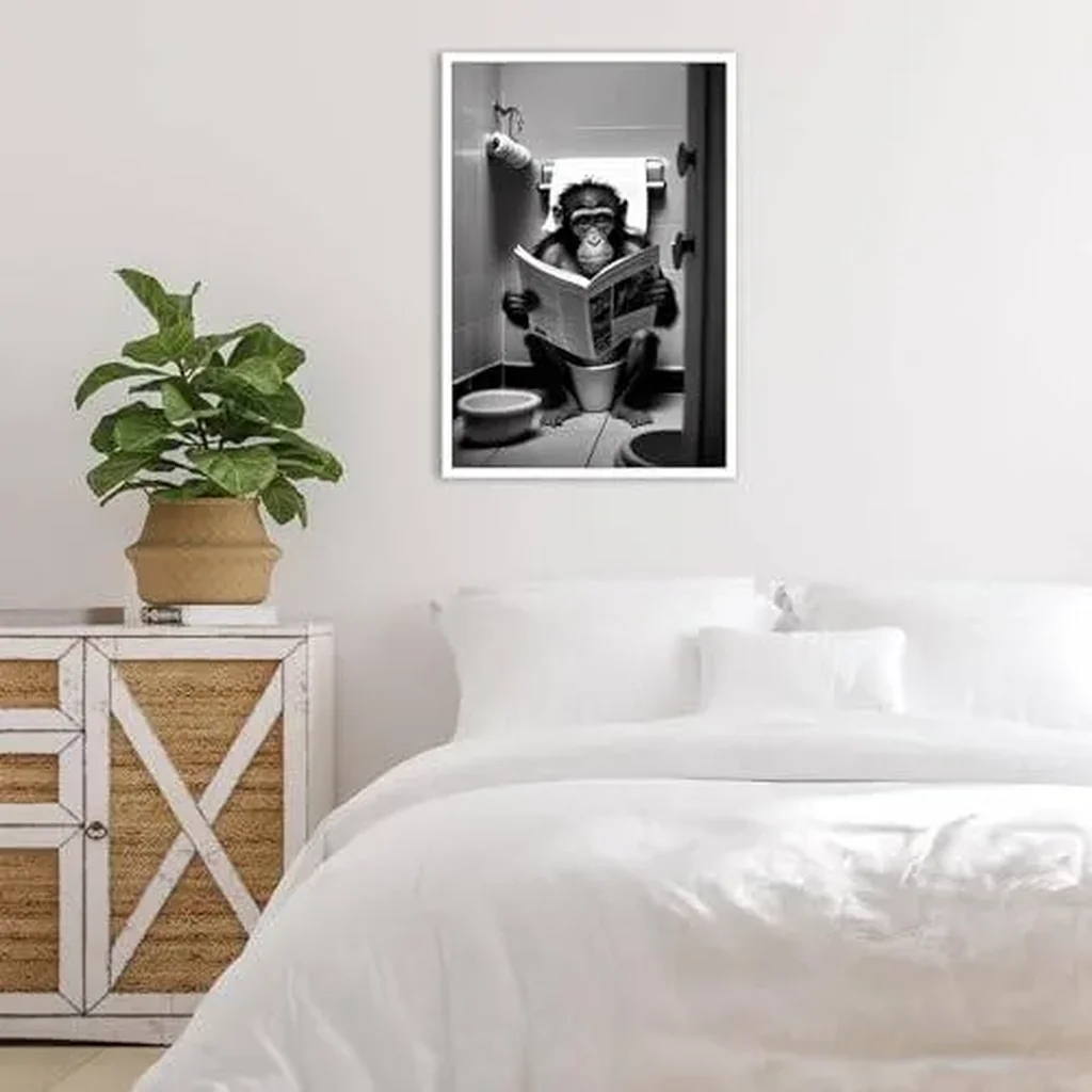 ALAYRA Funny Gorilla Bathroom Canvas Wall Art Cute Monkey In Toilet Posters Black and White Animal Prints Painting Maximalist Mid Century Modern Aesthetic Wall Decor for 12x16in Unframed 01 - Image 2