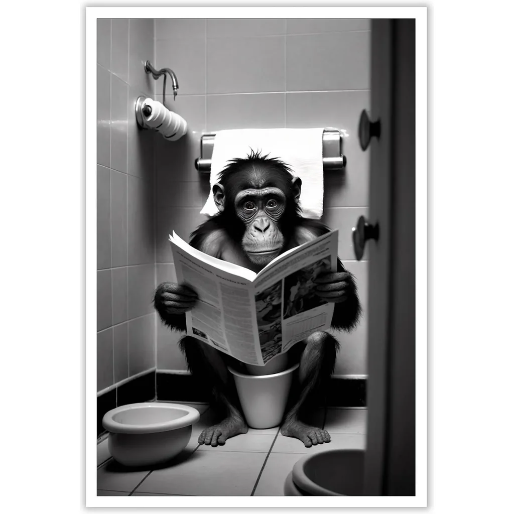ALAYRA Funny Gorilla Bathroom Canvas Wall Art Cute Monkey In Toilet Posters Black and White Animal Prints Painting Maximalist Mid Century Modern Aesthetic Wall Decor for 16x24in Unframed 01