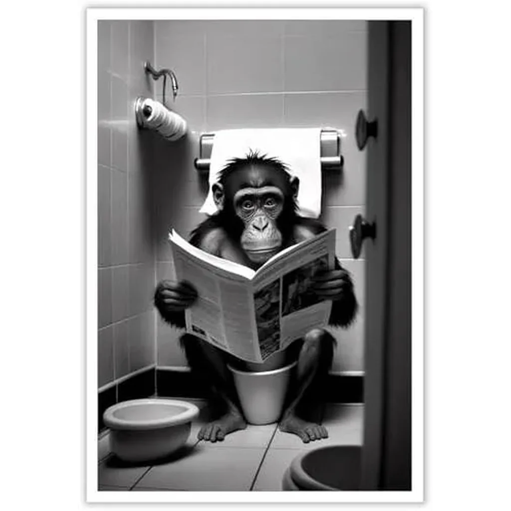 ALAYRA Funny Gorilla Bathroom Canvas Wall Art Cute Monkey In Toilet Posters Black and White Animal Prints Painting Maximalist Mid Century Modern Aesthetic Wall Decor for 16x24in Unframed 01 - Image 2