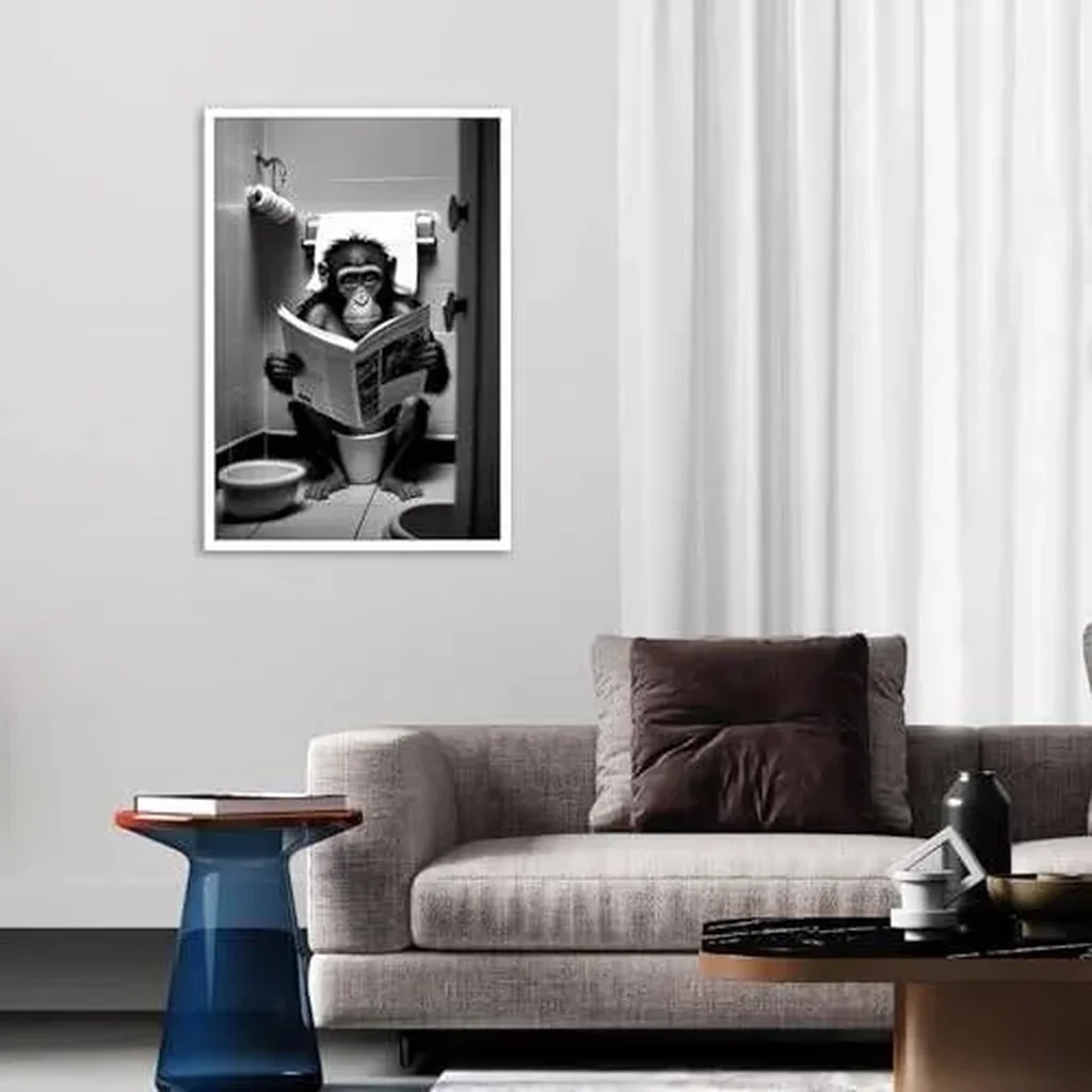 ALAYRA Funny Gorilla Bathroom Canvas Wall Art Cute Monkey In Toilet Posters Black and White Animal Prints Painting Maximalist Mid Century Modern Aesthetic Wall Decor for 16x24in Unframed 01 - Image 4