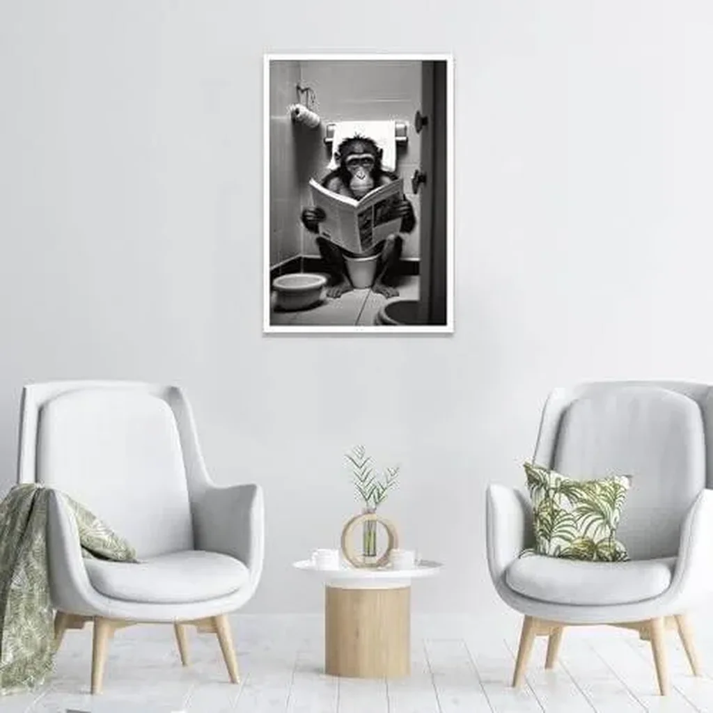 ALAYRA Funny Gorilla Bathroom Canvas Wall Art Cute Monkey In Toilet Posters Black and White Animal Prints Painting Maximalist Mid Century Modern Aesthetic Wall Decor for 16x24in Unframed 01 - Image 5