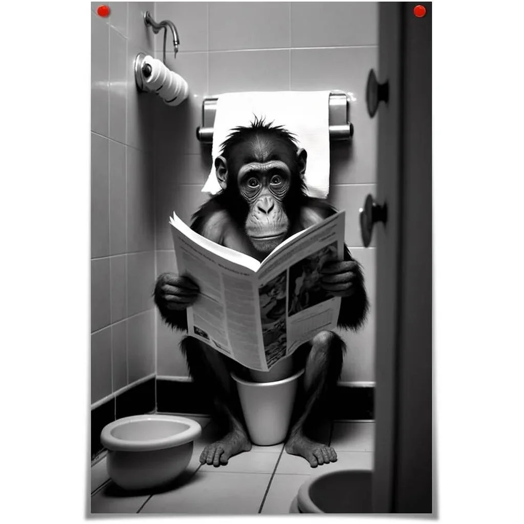 ALAYRA Funny Gorilla Bathroom Canvas Wall Art Monkey Reading Newspapers on Toilet Pictures Poster Prints Black and White animal modern farmhouse wall decor 12x16in Unframed 01