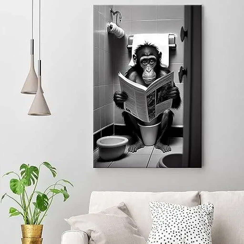ALAYRA Funny Gorilla Bathroom Canvas Wall Art Monkey Reading Newspapers on Toilet Pictures Poster Prints Black and White animal modern farmhouse wall decor 12x16in Unframed 01 - Image 2