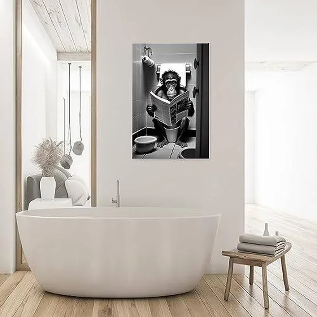 ALAYRA Funny Gorilla Bathroom Canvas Wall Art Monkey Reading Newspapers on Toilet Pictures Poster Prints Black and White animal modern farmhouse wall decor 12x16in Unframed 01 - Image 3