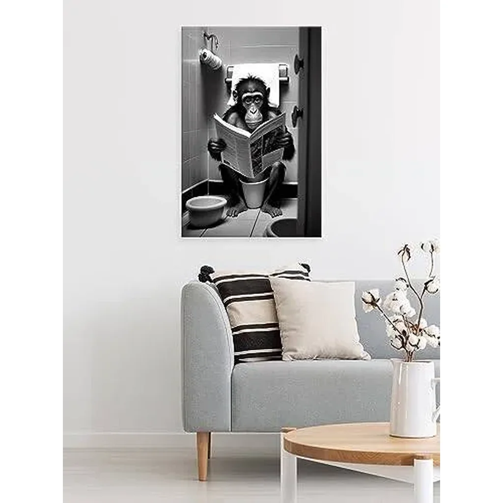 ALAYRA Funny Gorilla Bathroom Canvas Wall Art Monkey Reading Newspapers on Toilet Pictures Poster Prints Black and White animal modern farmhouse wall decor 12x16in Unframed 01 - Image 4
