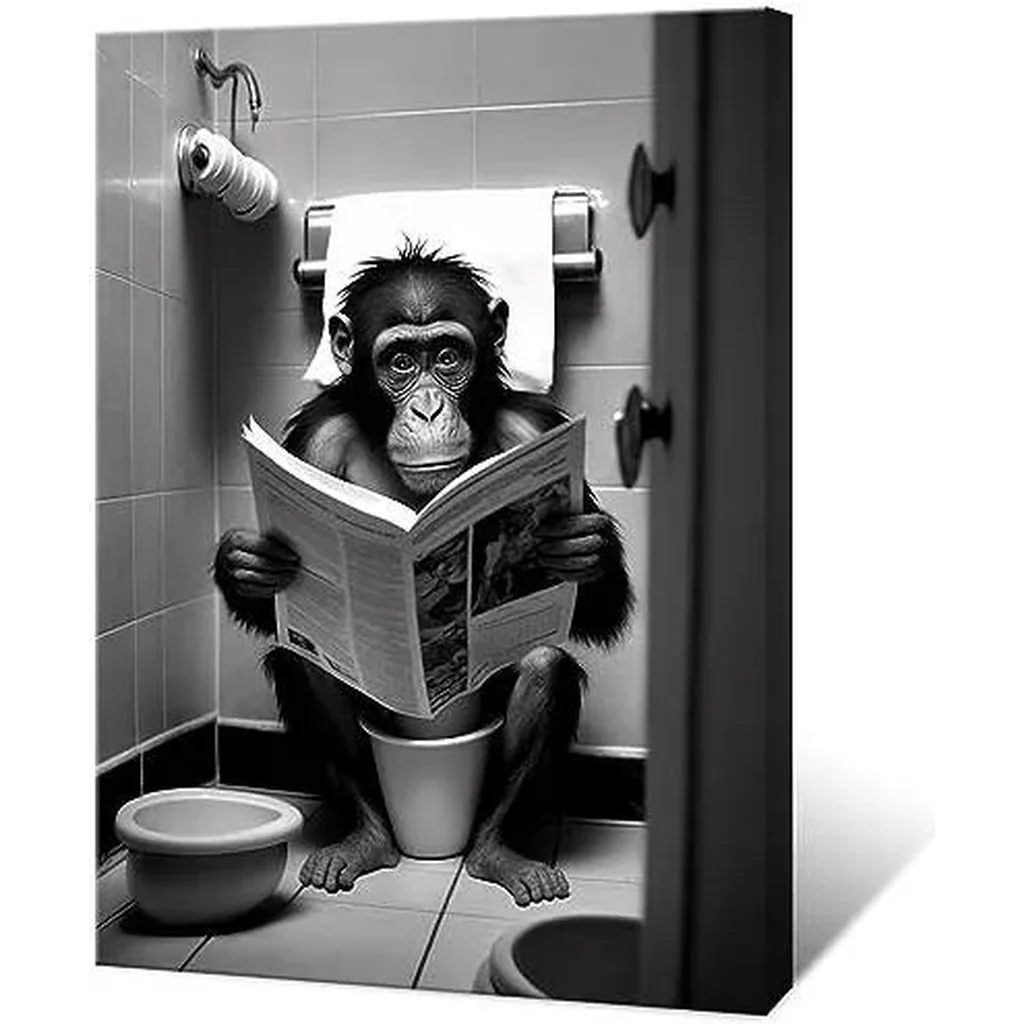 ALAYRA Funny Gorilla Bathroom Canvas Wall Art Monkey Reading Newspapers on Toilet Pictures Poster Prints Black and White animal modern farmhouse wall decor 12x16in Unframed 01 - Image 5