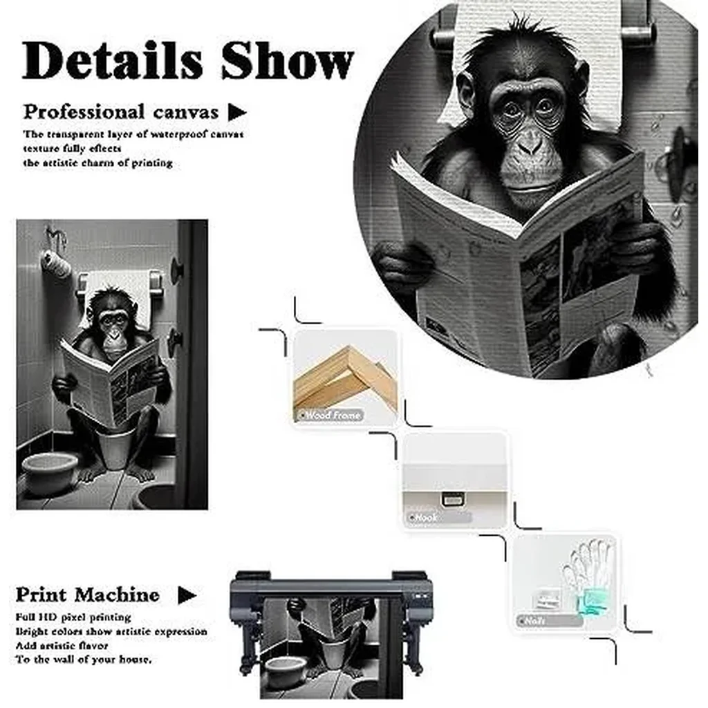 ALAYRA Funny Gorilla Bathroom Canvas Wall Art Monkey Reading Newspapers on Toilet Pictures Poster Prints Black and White animal modern farmhouse wall decor 12x16in Unframed 01 - Image 6
