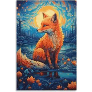 ALAYRA Funny Great Wave off Kanagawa Wall Art Vintage Japanese Poster Van Gogh's Starry Night Painting Picture for Living Room (5-fox, 16x24inch-Unframe) 01