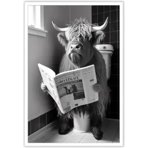 ALAYRA Funny Highland Cow Bathroom Canvas Wall Art Black and White Longhorns In Toilet Aesthertic Poster Vintage Cute Animal Print Painting Modern Farmhouse Wall Decor for Bathroom16x24in Unframed 01