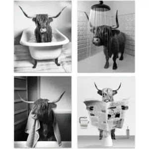 ALAYRA Funny Highland Cow Bathroom Wall Art Prints, Vintage Black and White Rustic Style Cute Bathroom Cow Canvas Art Prints for Bathroom Restroom Decor, Farmhouse Wall Decor, 4-Set (8"x10" Unframed)