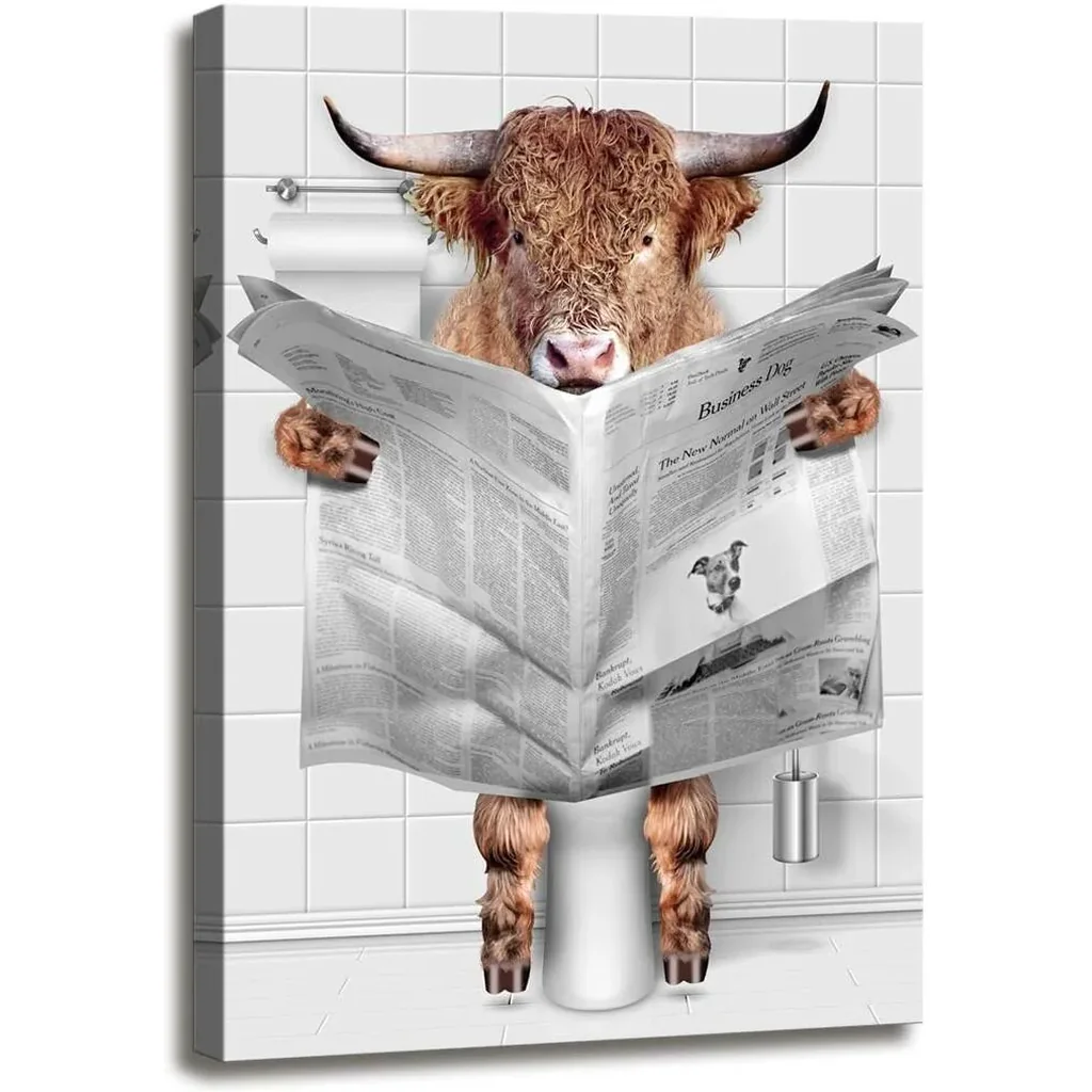 ALAYRA Funny Highland Cow Wall Art on Toilet, Cow in Bathroom Picture, Humor Animal Bathroom Wall Art Canvas Print, Rustic Farmhouse Wall Decor Ready to Hang for Bathroom (12"x16") 01