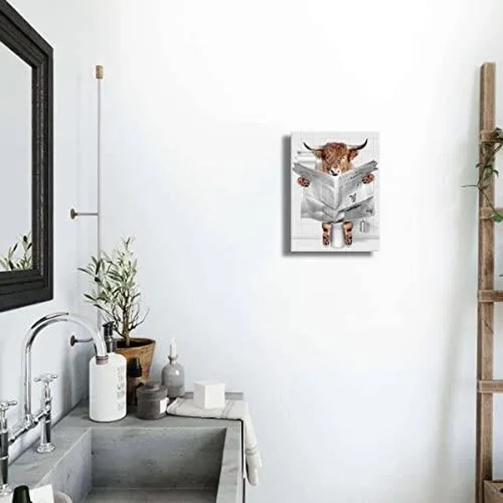 ALAYRA Funny Highland Cow Wall Art on Toilet, Cow in Bathroom Picture, Humor Animal Bathroom Wall Art Canvas Print, Rustic Farmhouse Wall Decor Ready to Hang for Bathroom (12"x16") 01 - Image 2