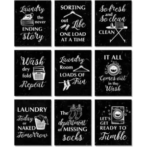 ALAYRA Funny Laundry Rules Sign Canvas Painting, Creative Laundry Saying Art Prints Set of 9(8X10, Unframed), Modern Minimalist Chalkboard Words Wall Art Poster for Laundromat Wash Room Decor 01