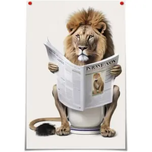 ALAYRA Funny Lion Bathroom Canvas Wall Art, Cute Lion Reading Newspapers on Toilet Pictures Poster Prints, Black and White Maximalist Mid Century Modern Aesthetic wall decor 12x16in Unframed 01