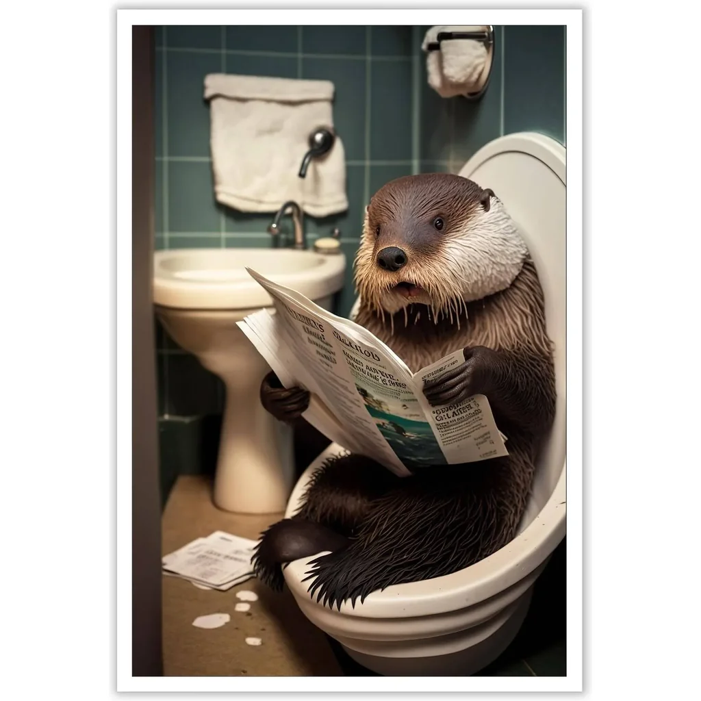 ALAYRA Funny Otter Bathroom Canvas Wall Art Cute Otter In Toilet Posters Black and White Animal Prints Painting Maximalist Mid Century Modern Aesthetic Wall Decor for 12x16in Unframed 01