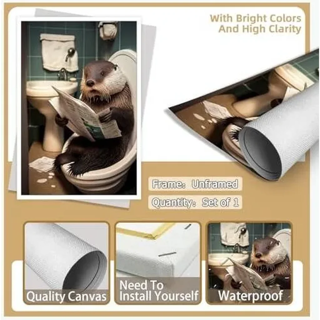 ALAYRA Funny Otter Bathroom Canvas Wall Art Cute Otter In Toilet Posters Black and White Animal Prints Painting Maximalist Mid Century Modern Aesthetic Wall Decor for 12x16in Unframed 01 - Image 6