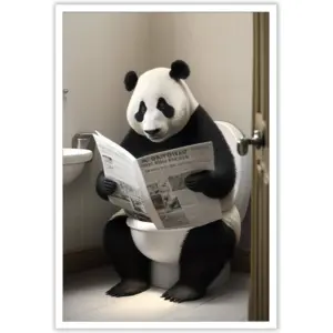 ALAYRA Funny Panda Bathroom Canvas Wall Art Cute Panda In Toilet Posters Black and White Animal Prints Painting Maximalist Mid Century Modern Aesthetic Wall Decor for 16x24in Unframed 01