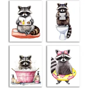 ALAYRA Funny Raccoon Bathroom Wall Art Decor, Raccoon Bathroom Art Decor Picture, Cute Animal Canvas Prints for Toilet Washroom Bedroom Set of 4 (8"x10"Unframed) 01