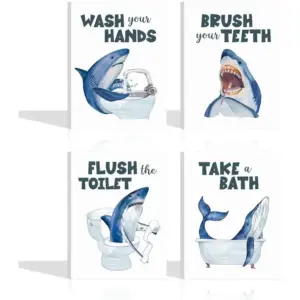 ALAYRA Funny Shark Framed Canvas Bathroom Wall Decor (Set of 4, 8 x 10 inches), Ocean Blue Shark Bathroom Rules Art Print for Nursery Kids, Wash Brush Flush Bath Sign Poster 01