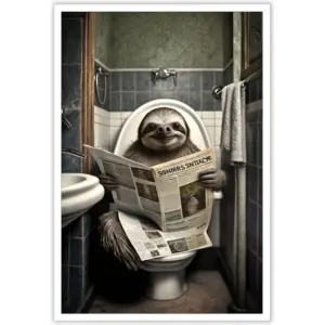 ALAYRA Funny Sloth Bathroom Canvas Wall Art Cute Sloth In Toilet Posters Black and White Animal Prints Painting Maximalist Mid Century Modern Aesthetic Wall Decor for 12x16in Unframed 01