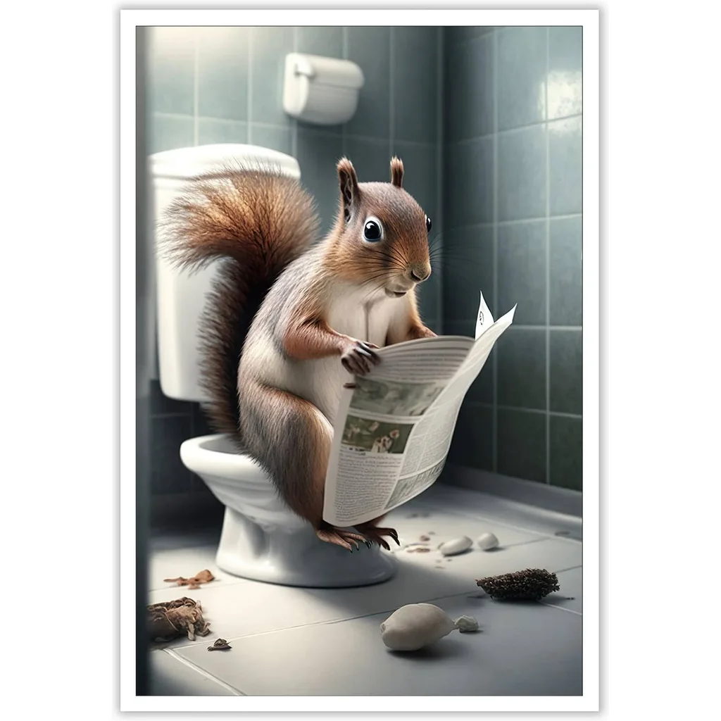 ALAYRA Funny Squirrel Bathroom Canvas Wall Art Cute Squirrel In Toilet Posters Black and White Animal Prints Painting Maximalist Mid Century Modern Aesthetic Wall Decor for 16x24in Unframed 01